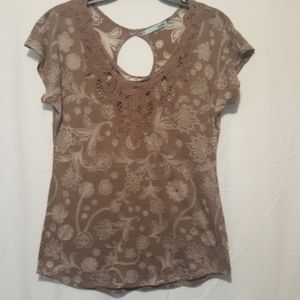 Taupe Burnout Tee with Lace Trim